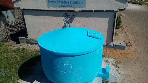 A finished rainwater harvesting system at EPP Ambinanikely in Fort Dauphin, Madagascar
